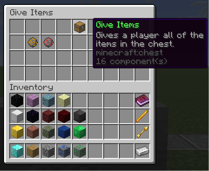 The Give Items argument chest, with the action icon at the top and its arguments laid out below